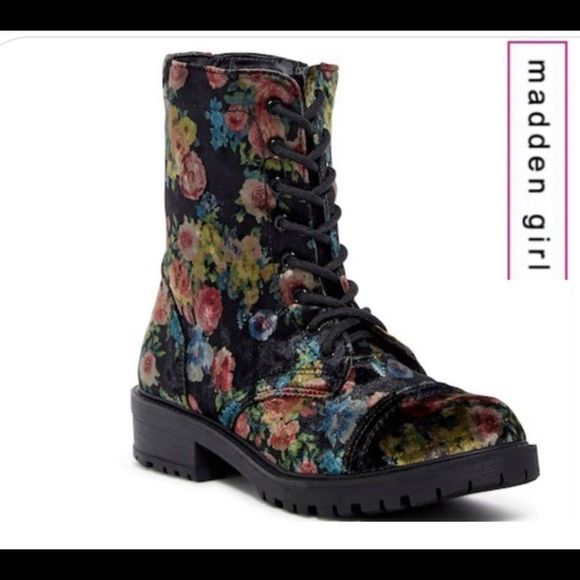 Madden Girl Shoes - Madden Girl Floral Velvet Combat Boots, Size 9M.